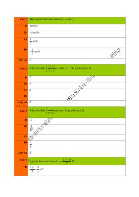 100 Câu trắc nghiệm về Nguyên hàm - Tích phân